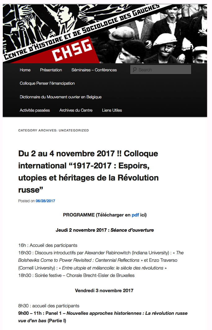 Page Internet. CHSG. Colloque international 1917-2017.  Espoirs, utopies et héritages de la Révolution russe. 2017-11-02